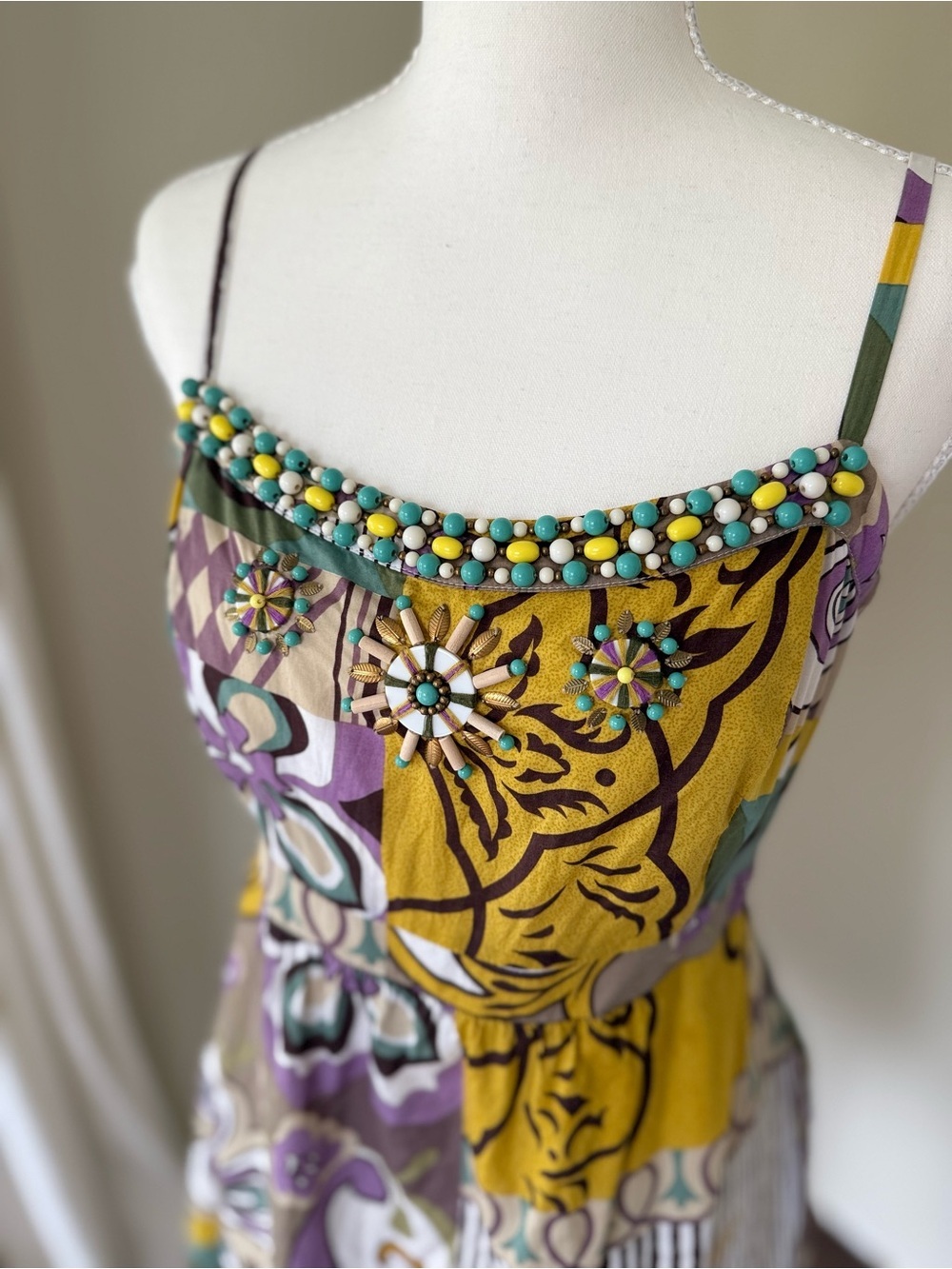 Vintage CAbi Multicolor Patchwork Sundress with Mustard Purple Teal Beading - Picture 4 of 9